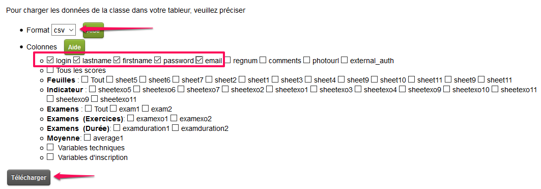 page de configuration du tlchargement du fichier de donnes